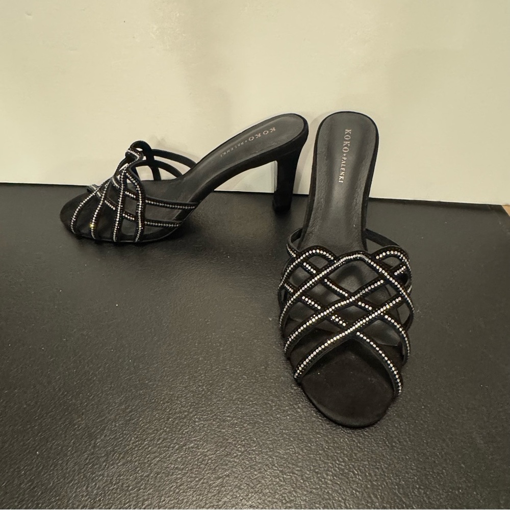✨ Koko + Palenki Black Rhinestone Strappy Mule Heels – Size 9
